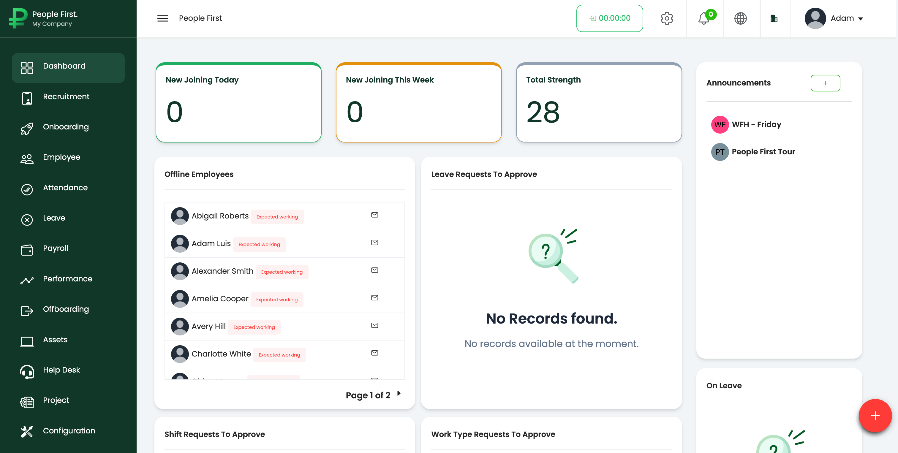 People First HR dashboard showing workforce information and charts
